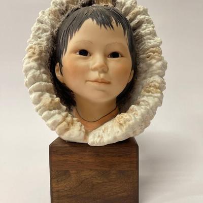 Vintage Cybis Porcelain Eskimo Boy “Snow Bunting” on Wood Base