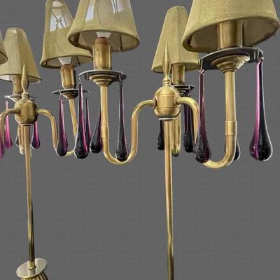 Pair of Gilt Metal Buffet Lamps with Amethyst Crystals