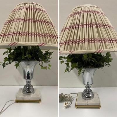 Pair of Metal Table Lamps with Marble Bases and Artificial Ivy