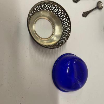 Set of 4 Cobalt and Sterling Salt Cellars with 3 Spoons