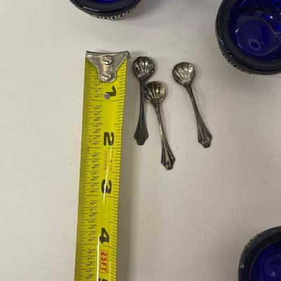 Set of 4 Cobalt and Sterling Salt Cellars with 3 Spoons