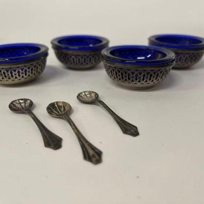 Set of 4 Cobalt and Sterling Salt Cellars with 3 Spoons