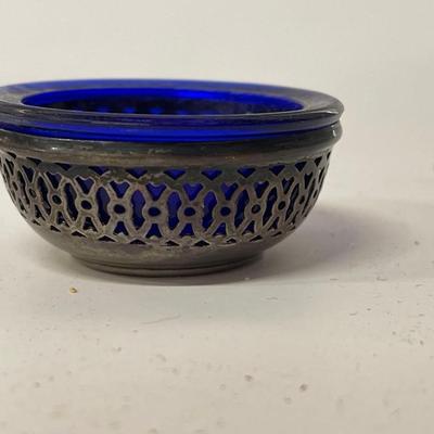 Set of 4 Cobalt and Sterling Salt Cellars with 3 Spoons