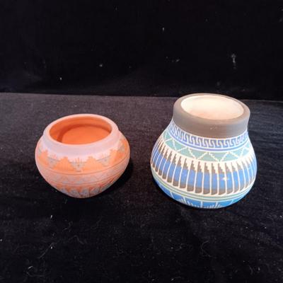 2 SIGNED NATIVE AMERICAN CLAY POTS