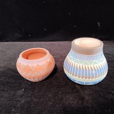 2 SIGNED NATIVE AMERICAN CLAY POTS