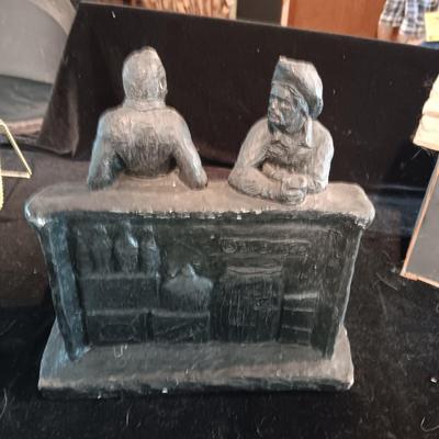 RED DOG SALOON STATUE, METAL COVERED WAGON COIN BANK AND OUTHOUSE CLOCK