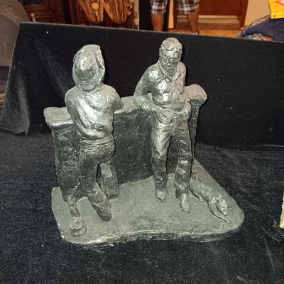 RED DOG SALOON STATUE, METAL COVERED WAGON COIN BANK AND OUTHOUSE CLOCK