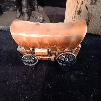 RED DOG SALOON STATUE, METAL COVERED WAGON COIN BANK AND OUTHOUSE CLOCK