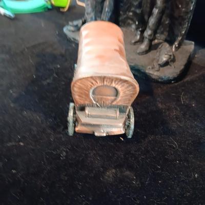 RED DOG SALOON STATUE, METAL COVERED WAGON COIN BANK AND OUTHOUSE CLOCK
