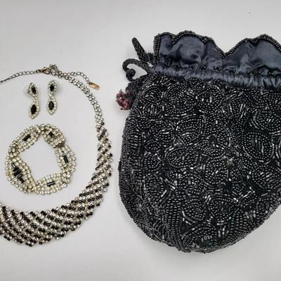 Black Beaded Bag & Rhinestone Jewelry