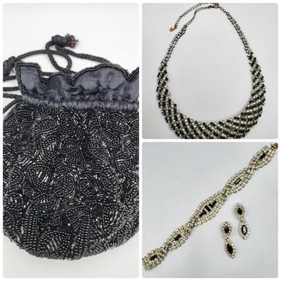 Black Beaded Bag & Rhinestone Jewelry