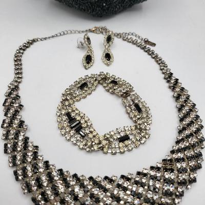 Black Beaded Bag & Rhinestone Jewelry