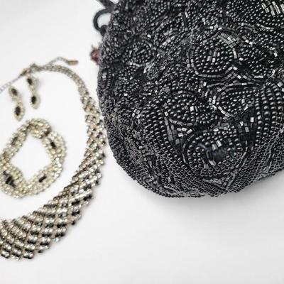 Black Beaded Bag & Rhinestone Jewelry