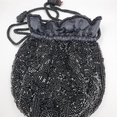 Black Beaded Bag & Rhinestone Jewelry