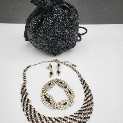 Black Beaded Bag & Rhinestone Jewelry