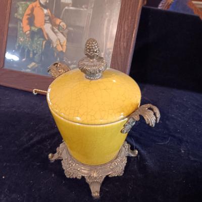 ANTIQUE PICTURE AND FRAME, BOSSON'S HEAD BUST, ENAMELED POT W/LID AND PEWTER CREAMER