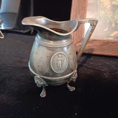 ANTIQUE PICTURE AND FRAME, BOSSON'S HEAD BUST, ENAMELED POT W/LID AND PEWTER CREAMER