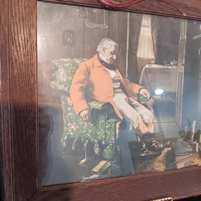 ANTIQUE PICTURE AND FRAME, BOSSON'S HEAD BUST, ENAMELED POT W/LID AND PEWTER CREAMER