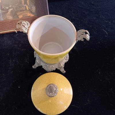 ANTIQUE PICTURE AND FRAME, BOSSON'S HEAD BUST, ENAMELED POT W/LID AND PEWTER CREAMER