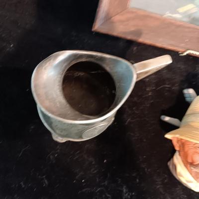 ANTIQUE PICTURE AND FRAME, BOSSON'S HEAD BUST, ENAMELED POT W/LID AND PEWTER CREAMER