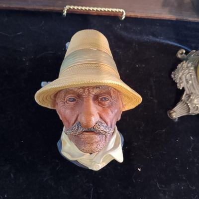 ANTIQUE PICTURE AND FRAME, BOSSON'S HEAD BUST, ENAMELED POT W/LID AND PEWTER CREAMER