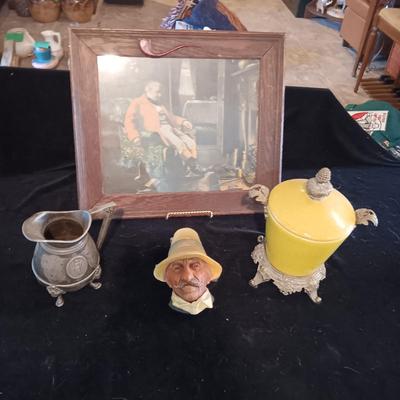 ANTIQUE PICTURE AND FRAME, BOSSON'S HEAD BUST, ENAMELED POT W/LID AND PEWTER CREAMER