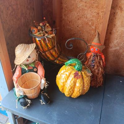 IRON CORNUCOPIA, SCARECROW W/BBASKET AND CERAMIC PUMPKIN