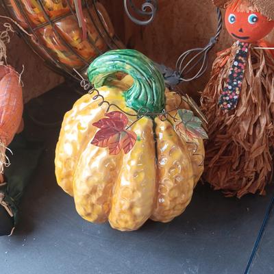 IRON CORNUCOPIA, SCARECROW W/BBASKET AND CERAMIC PUMPKIN