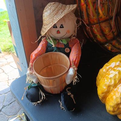 IRON CORNUCOPIA, SCARECROW W/BBASKET AND CERAMIC PUMPKIN
