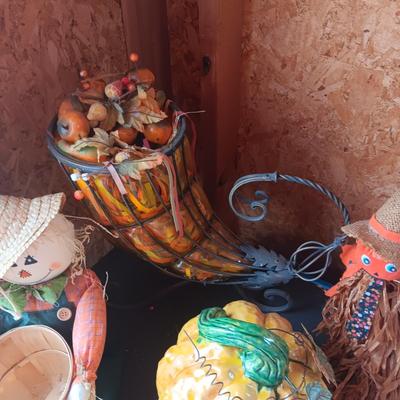IRON CORNUCOPIA, SCARECROW W/BBASKET AND CERAMIC PUMPKIN