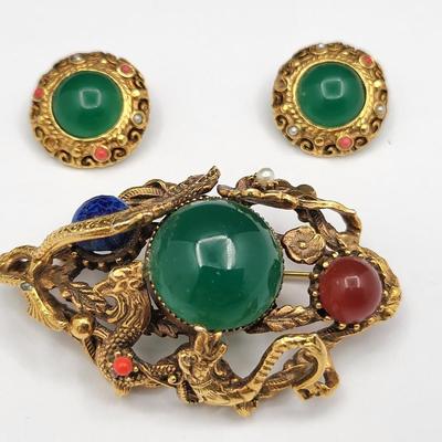 Vintage Dragon Brooch + Clip Earrings