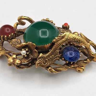 Vintage Dragon Brooch + Clip Earrings