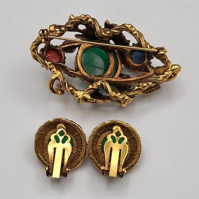 Vintage Dragon Brooch + Clip Earrings