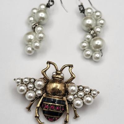 Bee Pin + Pearl Earrings
