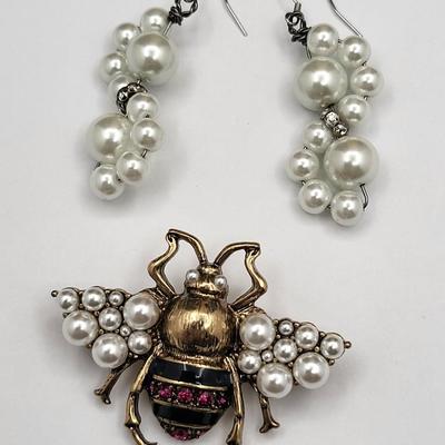 Bee Pin + Pearl Earrings