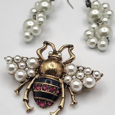 Bee Pin + Pearl Earrings