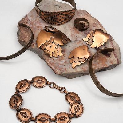 Vintage Copper Bracelets Pin Earrings Ring