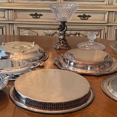Multiple Silver Plate Trays and Ice Bucket