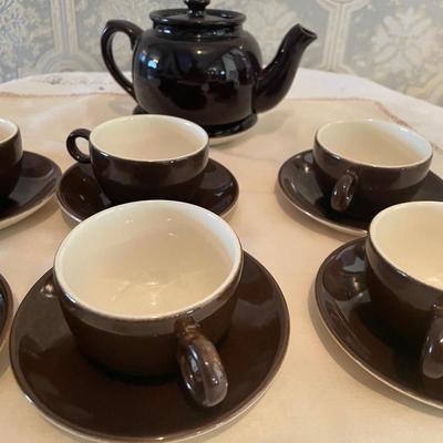 Six Tea Cups/Saucers and Tea Pot Hoganas Ceramic Stamped