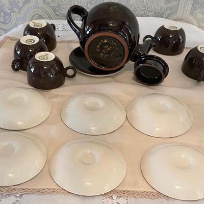 Six Tea Cups/Saucers and Tea Pot Hoganas Ceramic Stamped