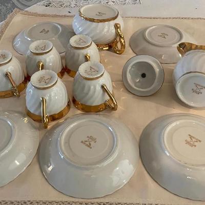 Limoges Style Five Tea Cups/Saucers and Creamer/Sugar Dish
