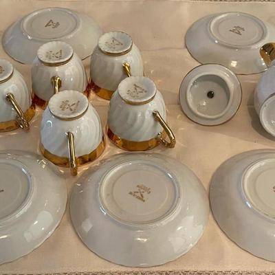 Limoges Style Five Tea Cups/Saucers and Creamer/Sugar Dish