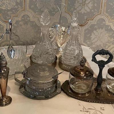 Collection Silverplate Salt Pepper Shakers, Creamer, Oil Crystal Decanters and More