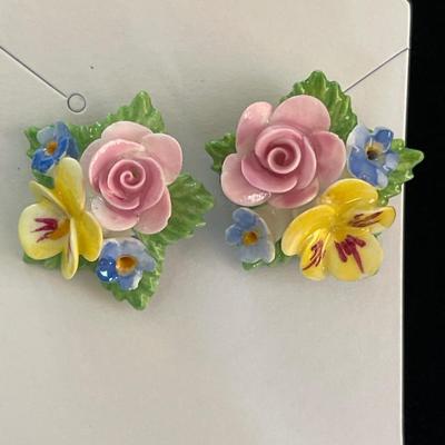 Vintage Denton England Bone China Flower Brooch and Clip Earrings