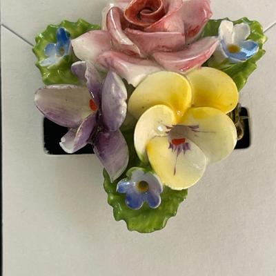 Vintage Denton England Bone China Flower Brooch and Clip Earrings