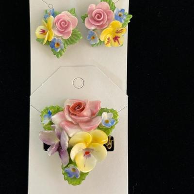Vintage Denton England Bone China Flower Brooch and Clip Earrings