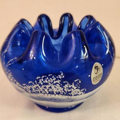 Lot #278 Fenton Art Glass Cobalt Rose Bowl - Winter Scene
