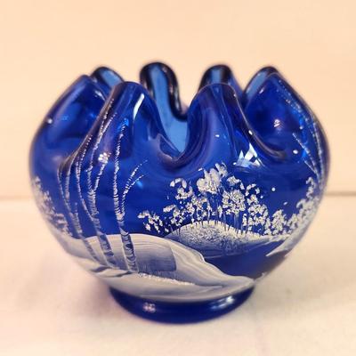 Lot #278 Fenton Art Glass Cobalt Rose Bowl - Winter Scene
