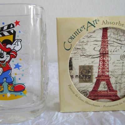 Counter art absorbent coasters, and Mickey Mouse cup - Disneyland 2000 McDonald's
