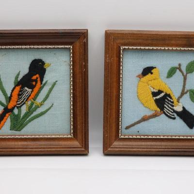 Two Framed Vintage Embroidered Birds